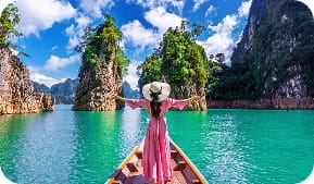 Traveler on boat in bay